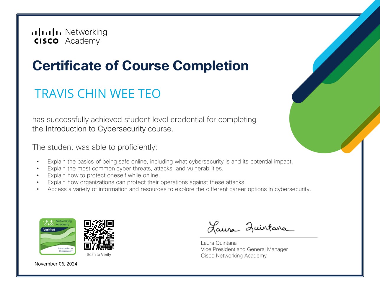 Cisco Introduction to Cybersecurity Certificate